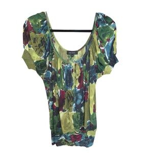 Karen Kane Abstract Floral Puff Sleeve Blouse Green‎ Multicolor Boho Y2K Retro M